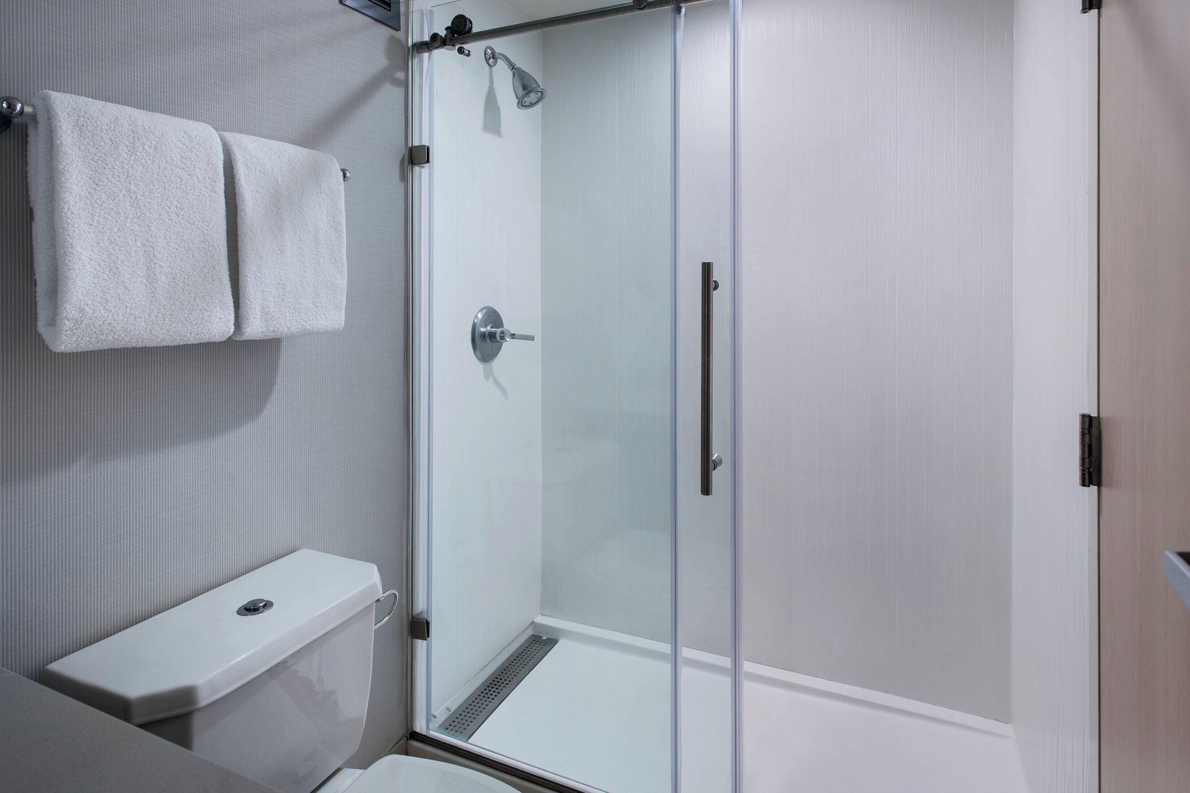 combined shower/bathtub, free toiletries, hair dryer, towels