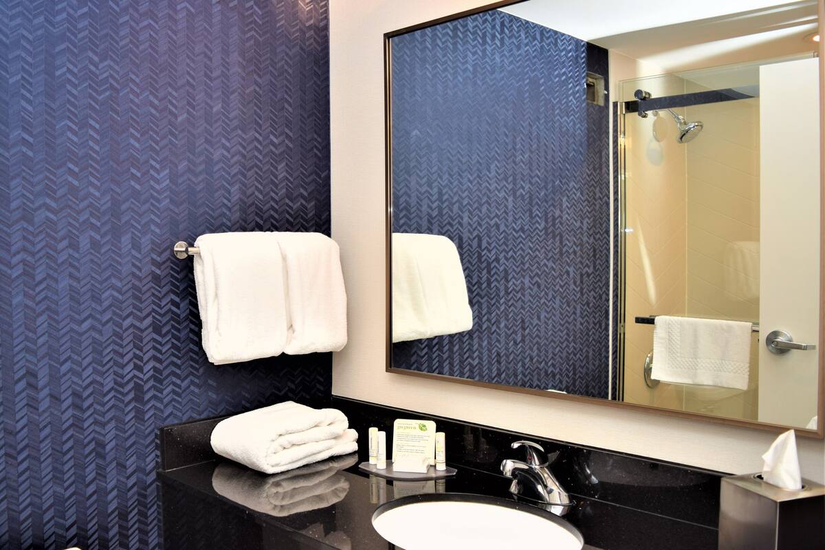 eco-friendly toiletries, hair dryer, towels, soap