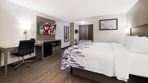 A hotel room with a bed, desk, chair, television, and a bathroom with a shower curtain. - Red Roof Inn Weedsport (Weedsport)