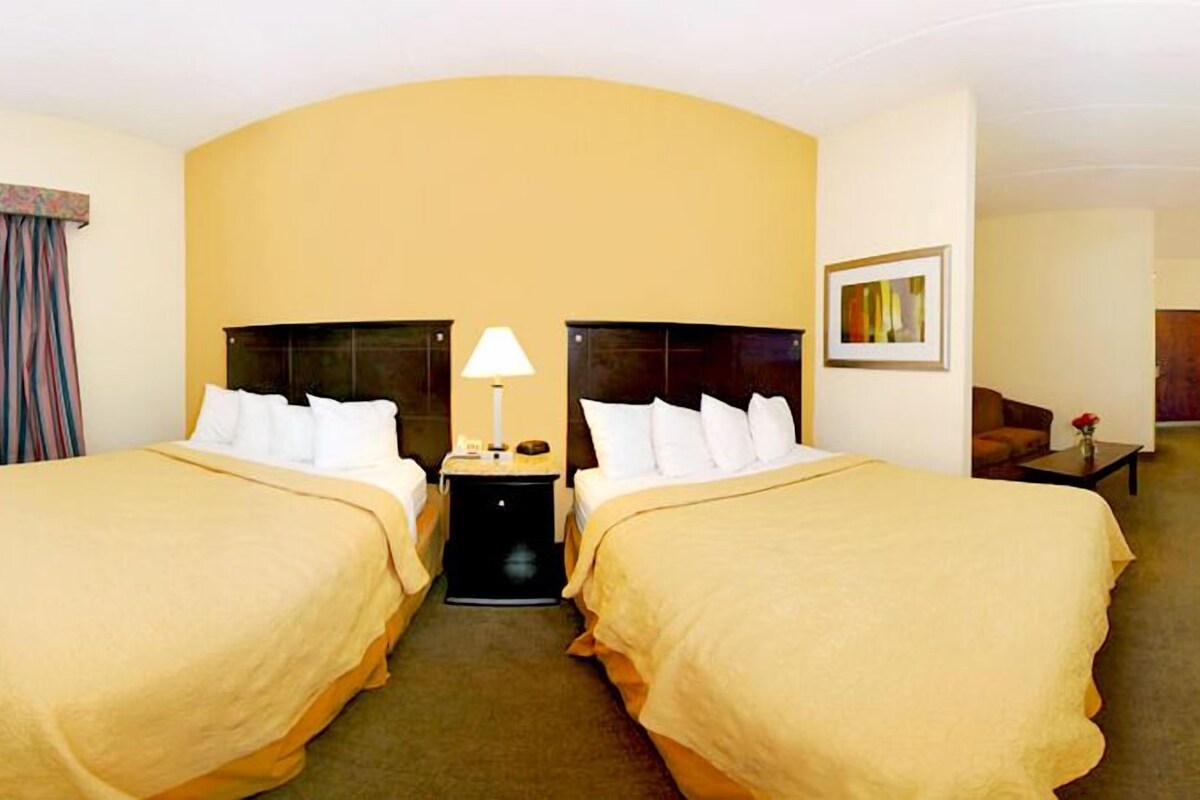 Quarto de hotel com duas camas, uma mesa de cabeceira com abajur, uma cadeira, uma mesinha com um vaso e um quadro na parede.