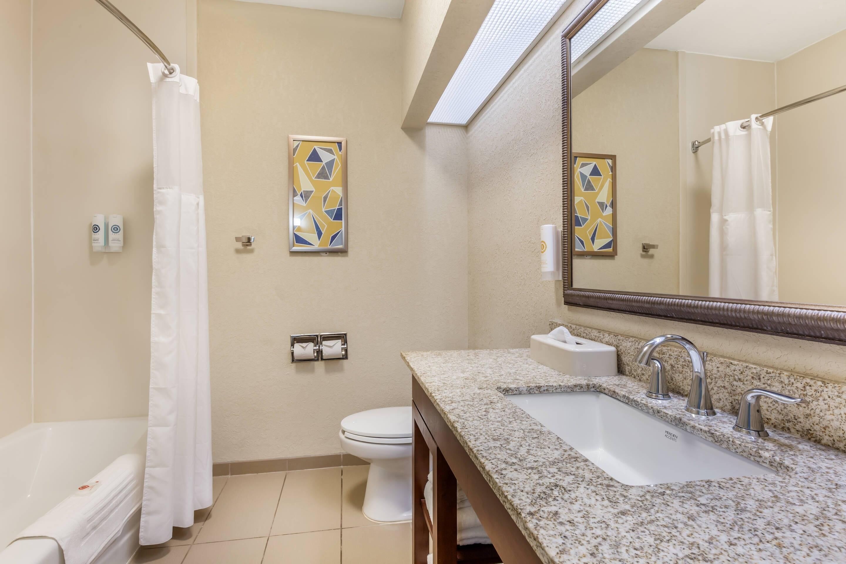 Un baño con lavamanos, espejo, inodoro, cortina de ducha y dos cuadros en la pared.
