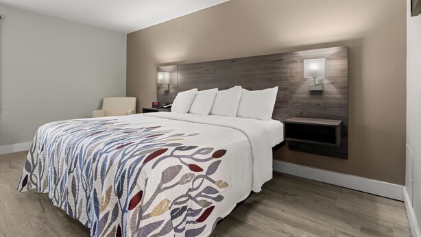A hotel room with a bed, a chair, a nightstand, and a wall-mounted lamp. - Red Roof Inn Washington, NC (Washington)
