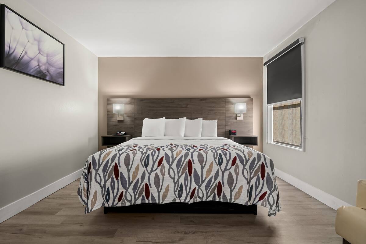 A modern bedroom with a large bed, a headboard with integrated lighting, a bedside table, and a large window.