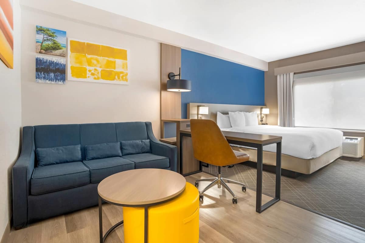 Une chambre d’hôtel comprenant un lit, un bureau avec une chaise, un canapé et une petite table ronde.