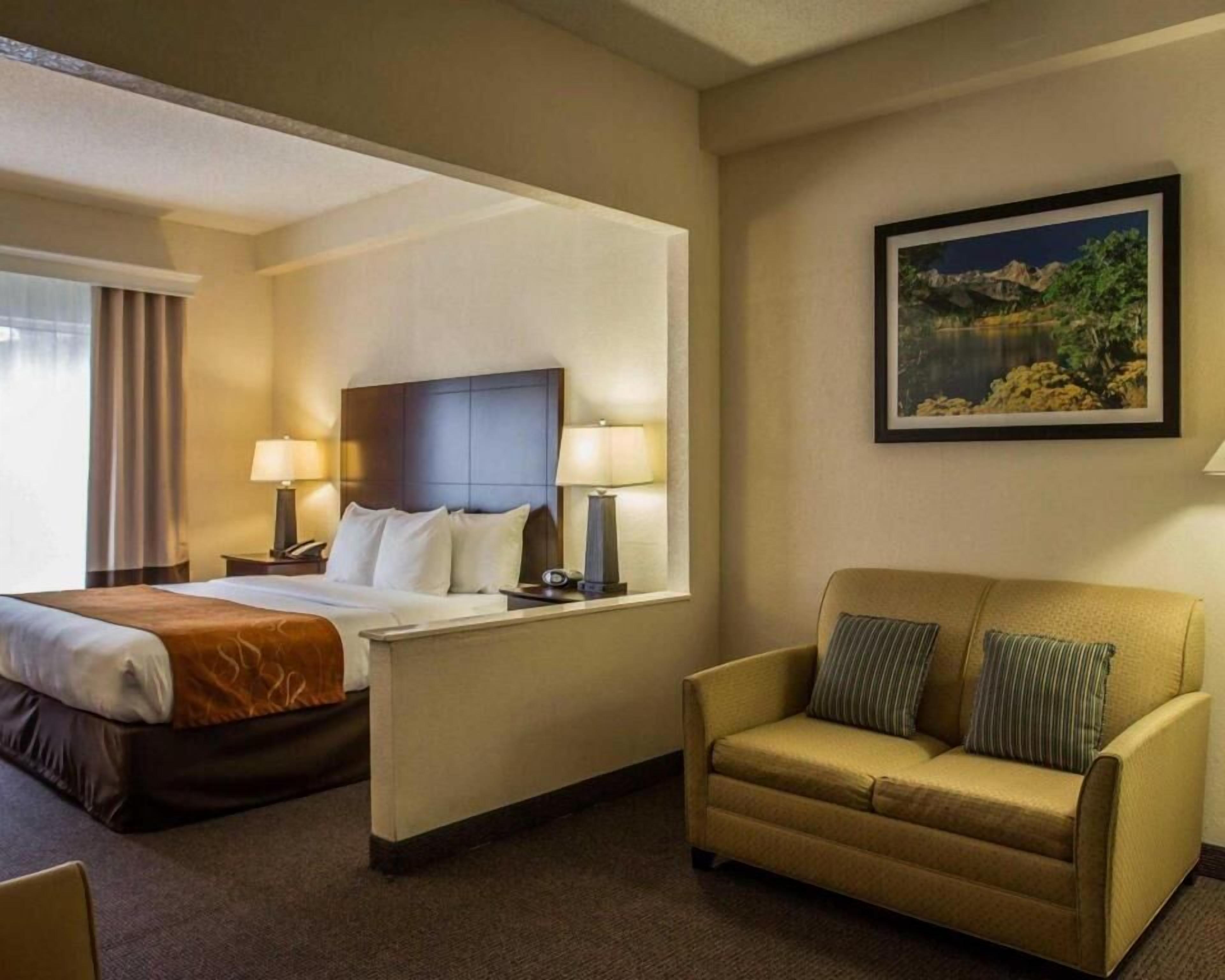 Una habitación de hotel con cama, mesitas de noche con lámparas, un sofá y un cuadro en la pared.