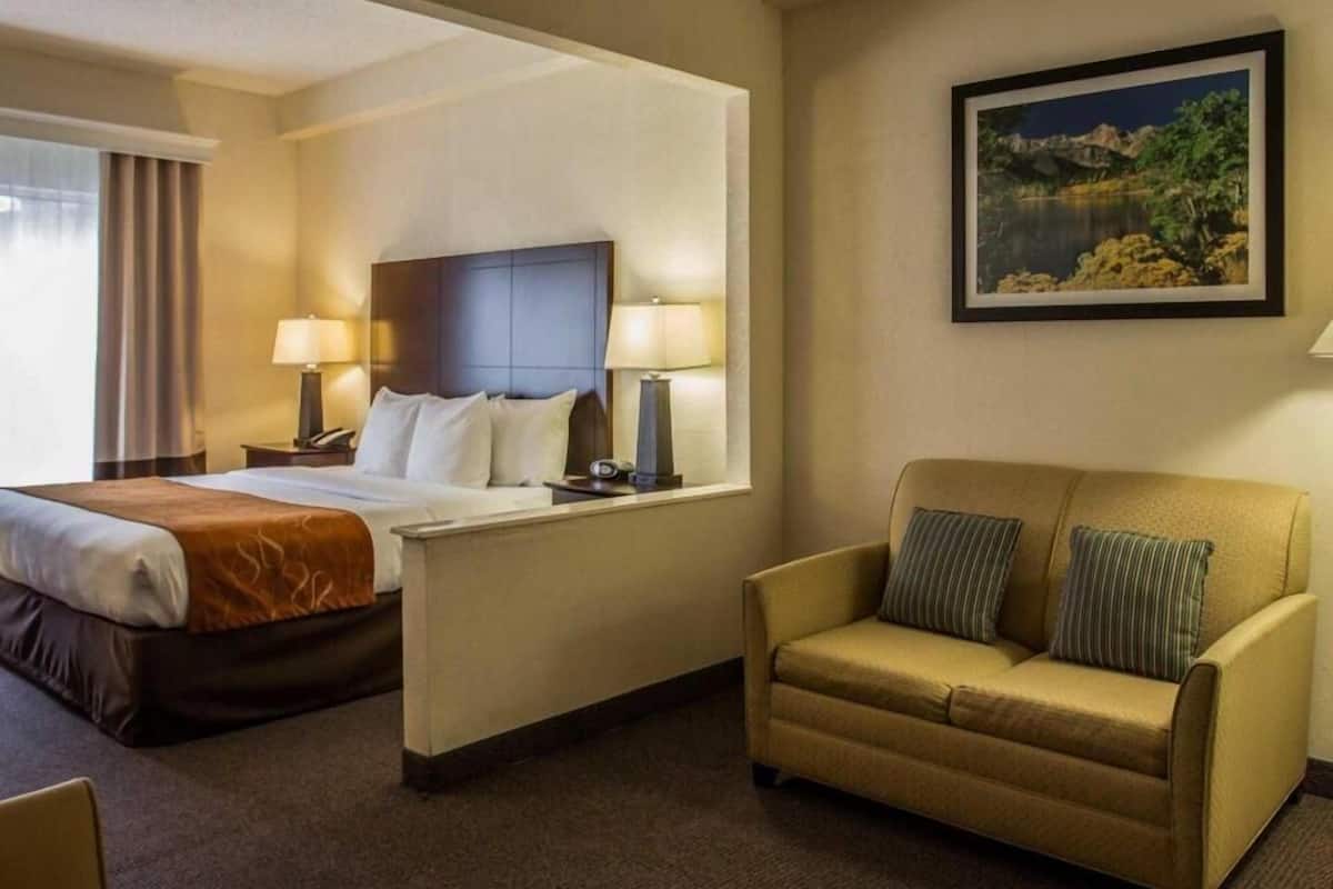 Une chambre d’hôtel avec un lit, des tables de chevet avec des lampes, un canapé et un tableau encadré au mur.
