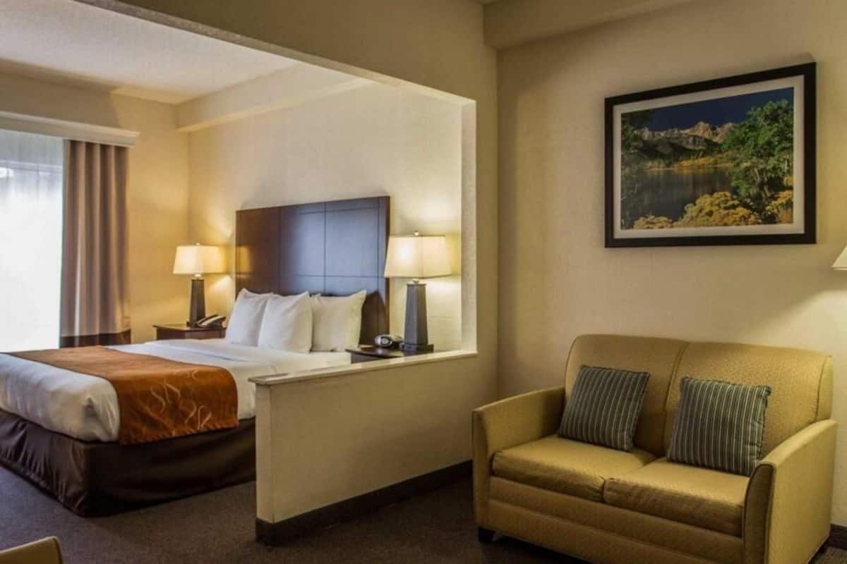 Una habitación de hotel con cama, mesitas de noche con lámparas, un sofá y un cuadro en la pared.