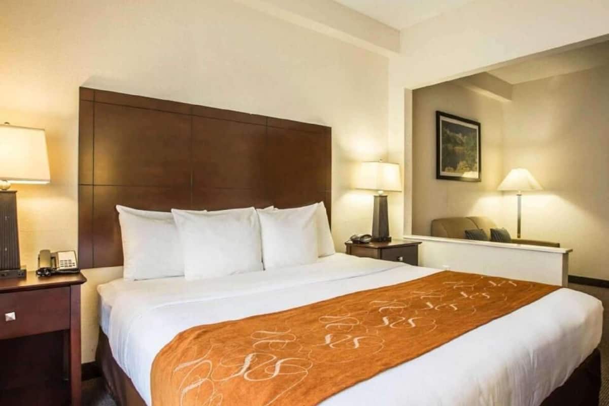Premium bedding, desk, laptop workspace, blackout drapes