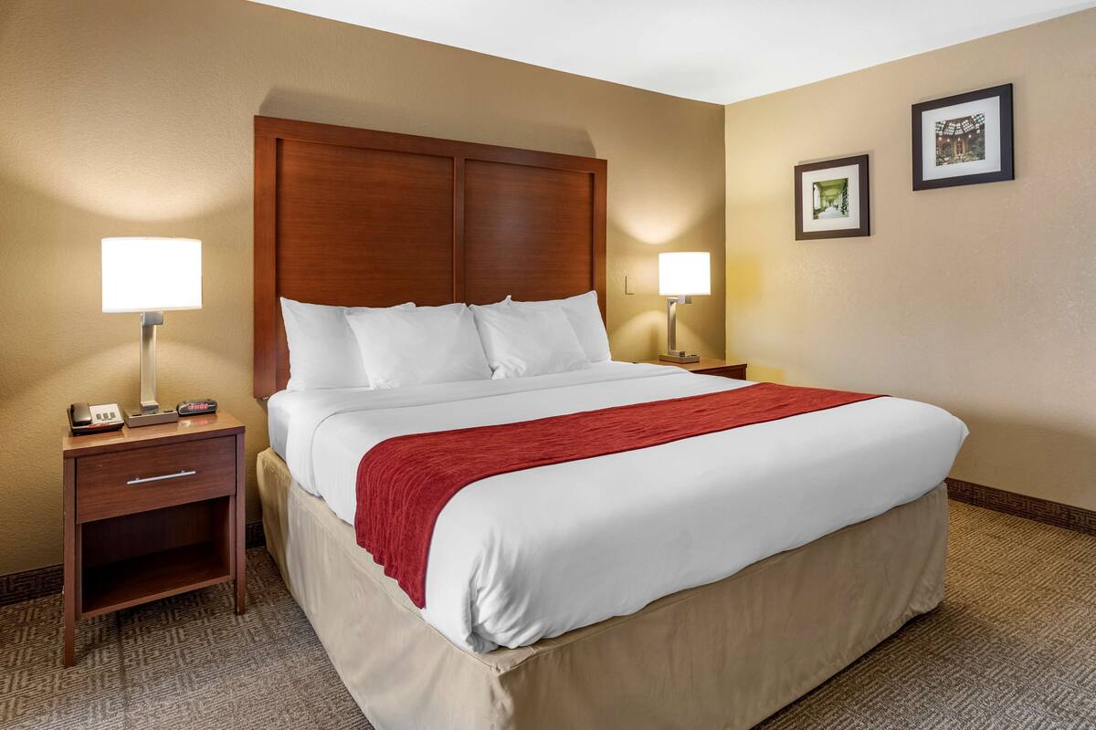 A hotel room with a large bed, two bedside tables, a red throw blanket, and two wall-mounted lamps.