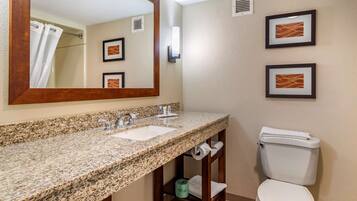 Combined shower/tub, free toiletries, hair dryer, towels