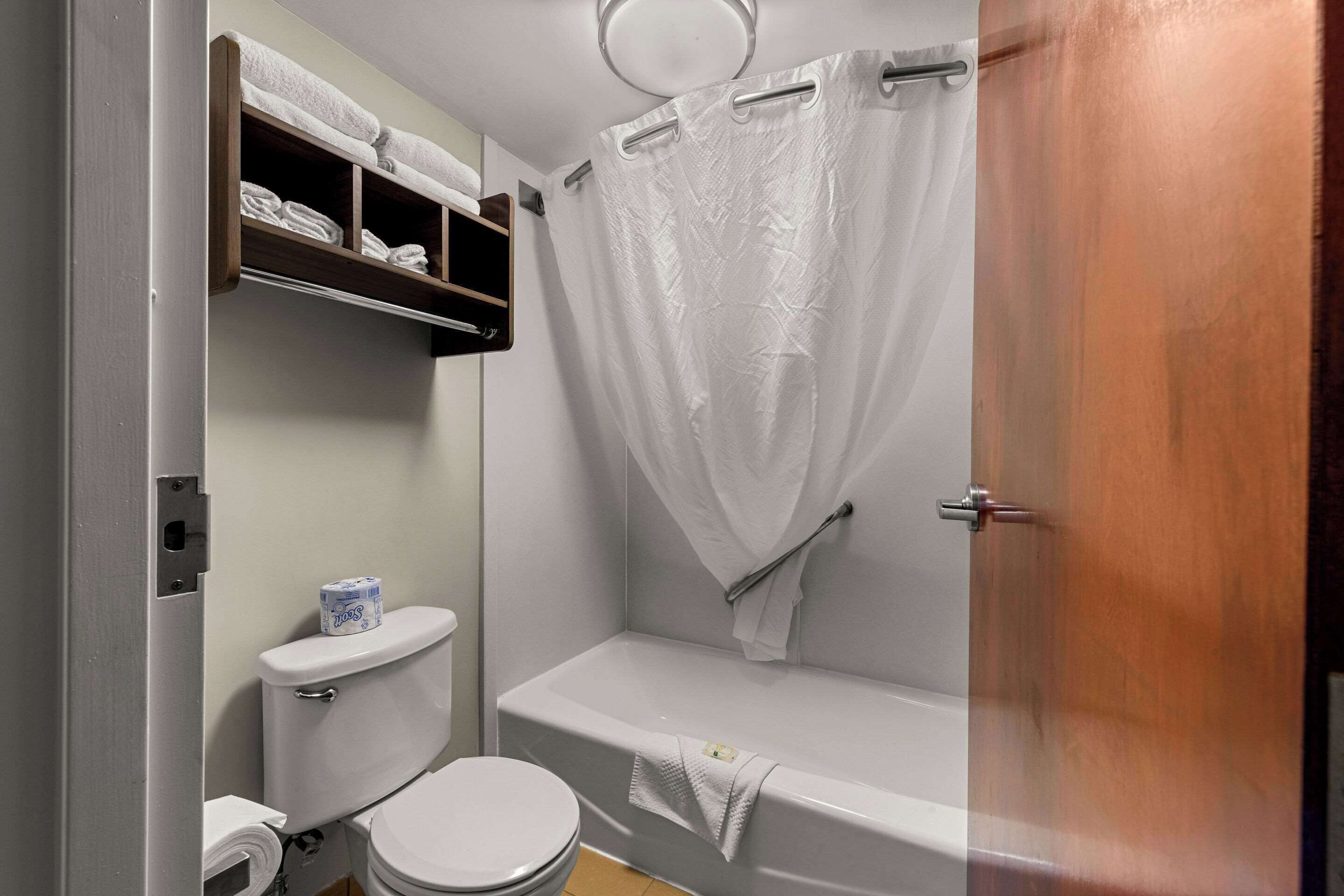A bathroom with a toilet, a bathtub, and a shower curtain.