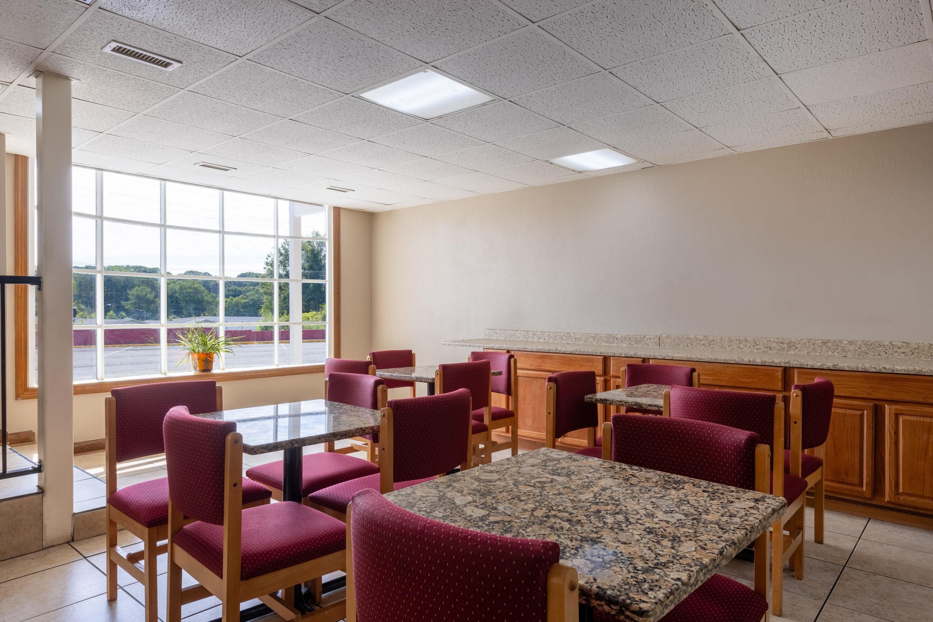 Un salón de conferencias con una mesa grande y sillas, una ventana que da a vistas de árboles, y un techo con baldosas cuadradas e iluminación empotrada.