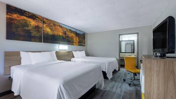 Desk, laptop workspace, blackout curtains, free WiFi