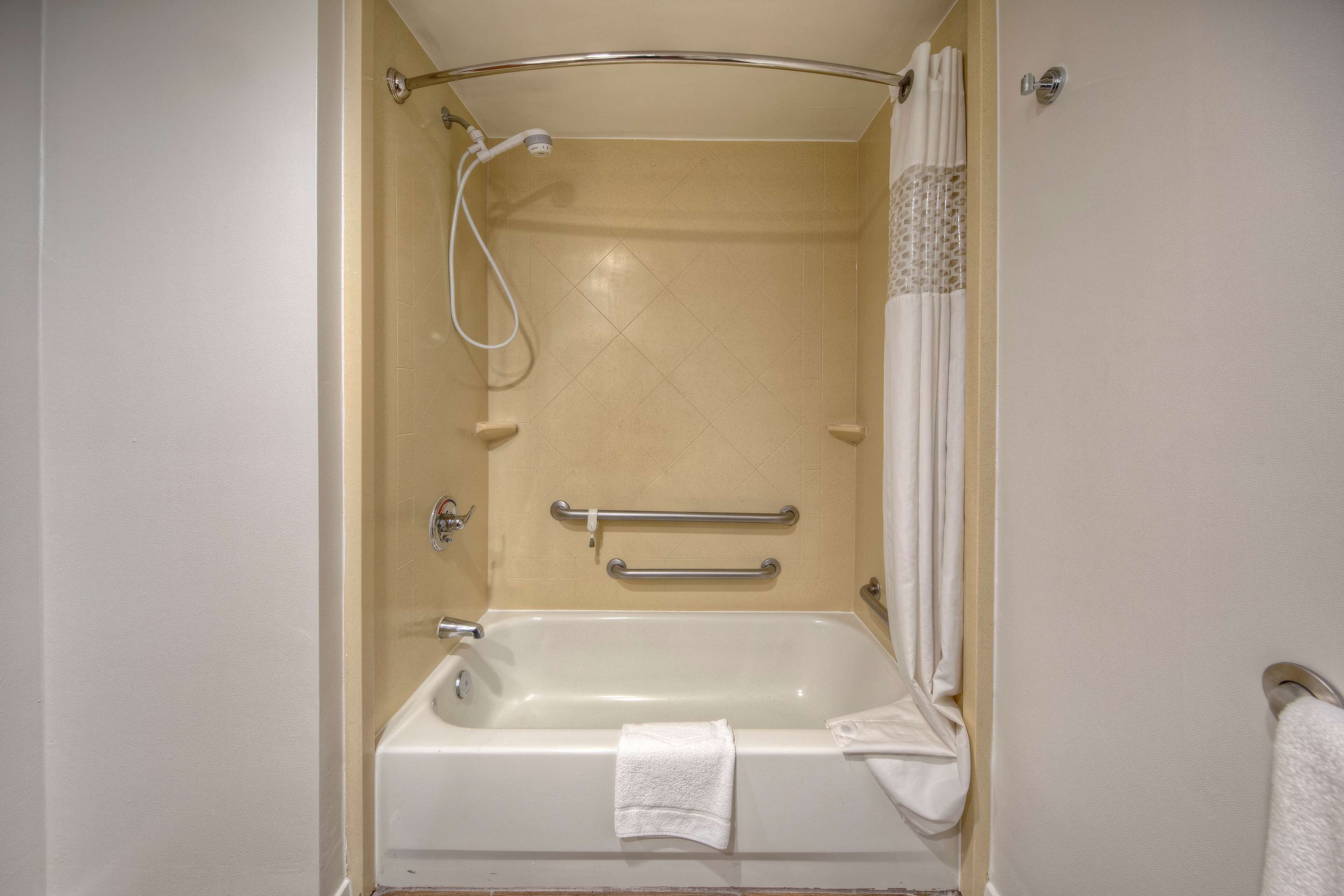 room, 1 king bed, accessible, bathtub (mobility & hearing) | bathroom | hair dryer, towels, soap, shampoo