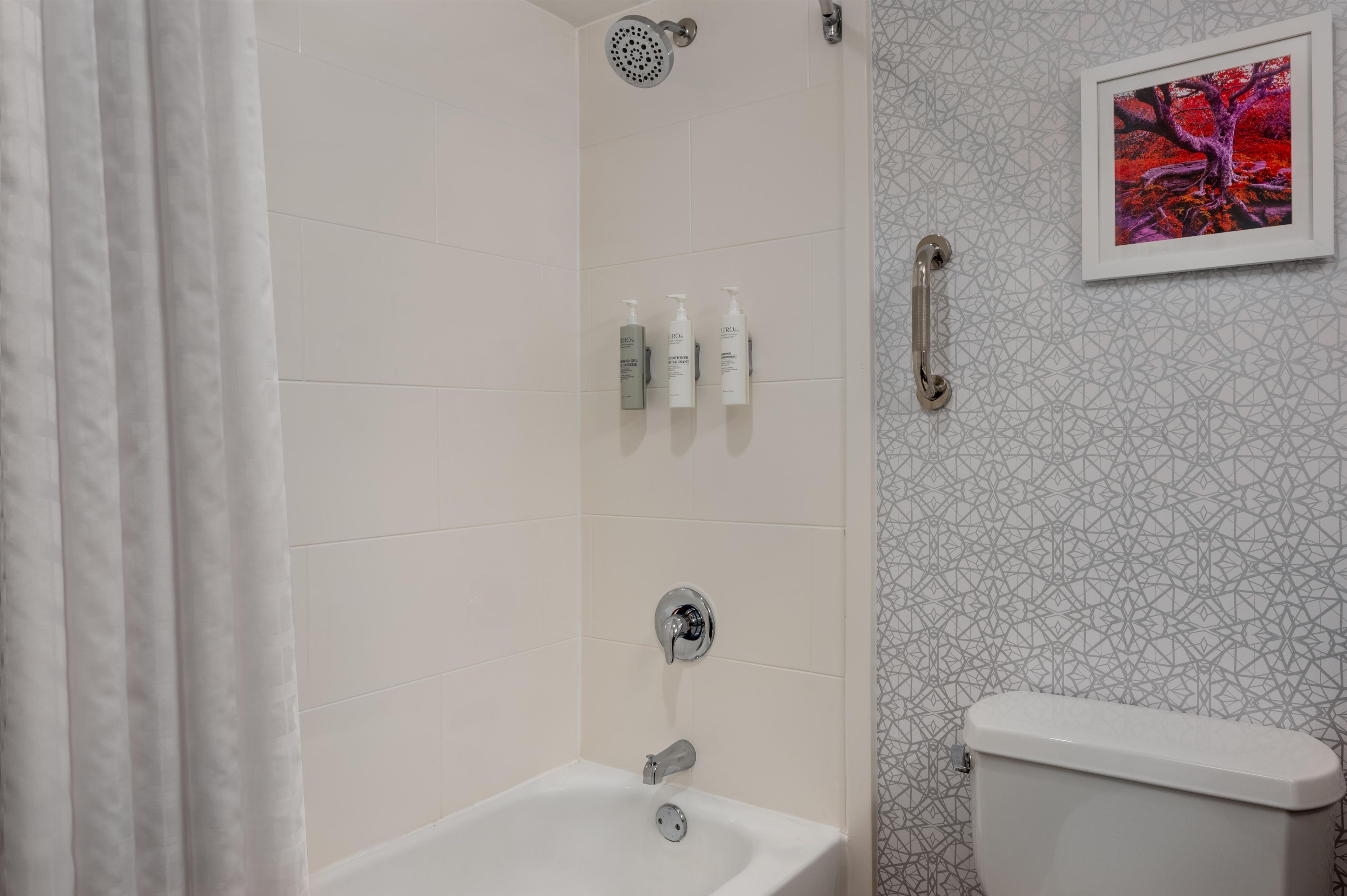 A bathroom with a shower, a toilet, and a bathtub. There are toiletries on the wall.