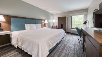 A hotel room with a large bed, a desk, a chair, a TV, and a window.