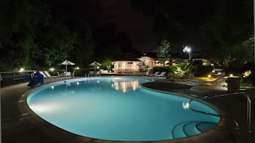 Outdoor pool, open 9:00 AM to 10:00 PM, pool umbrellas, pool loungers