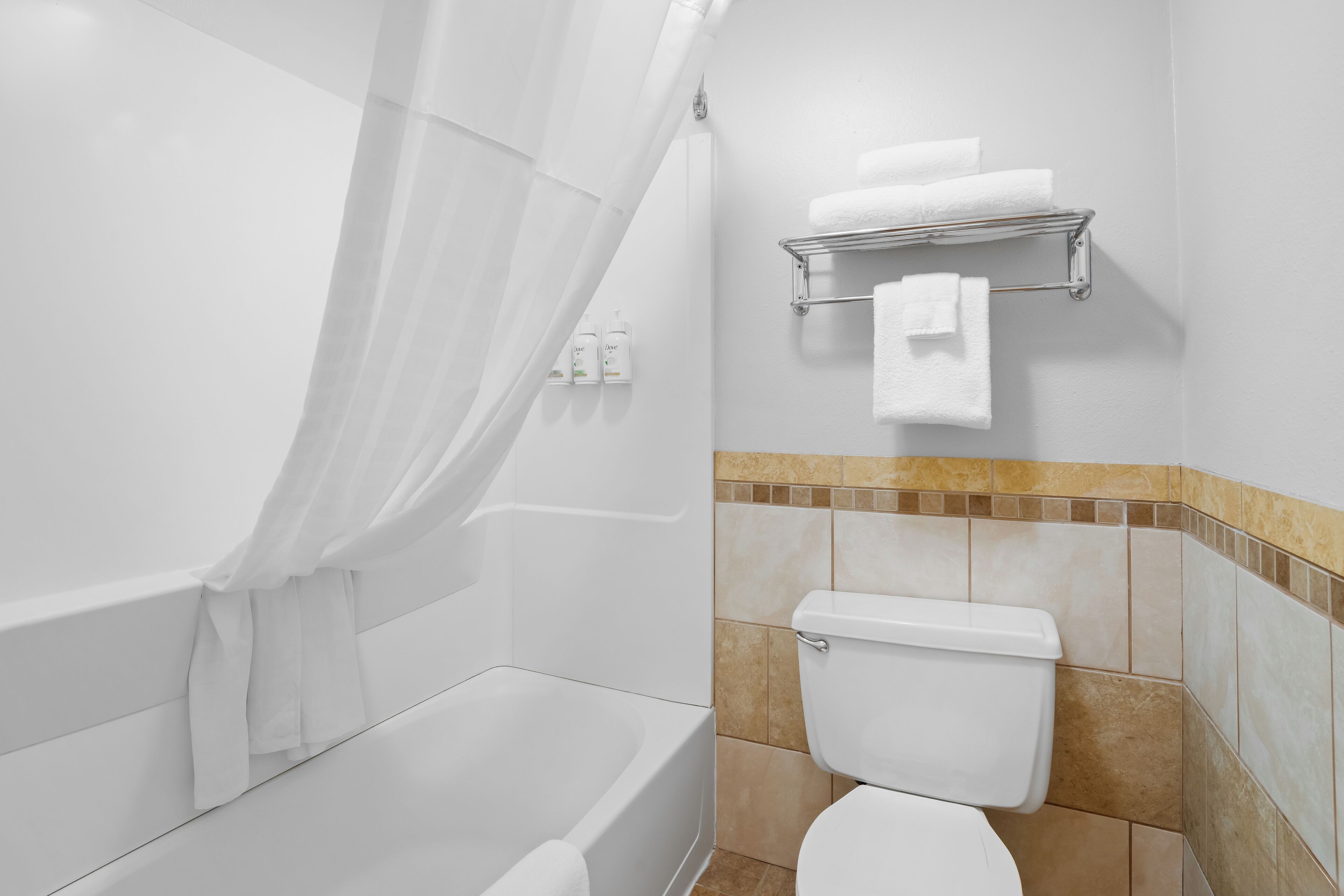 Une salle de bain moderne équipée d’une baignoire, de toilettes et d’un rideau de douche.