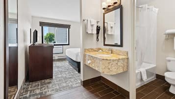 In-room safe, desk, laptop workspace, blackout curtains