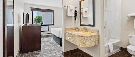 In-room safe, desk, laptop workspace, blackout drapes