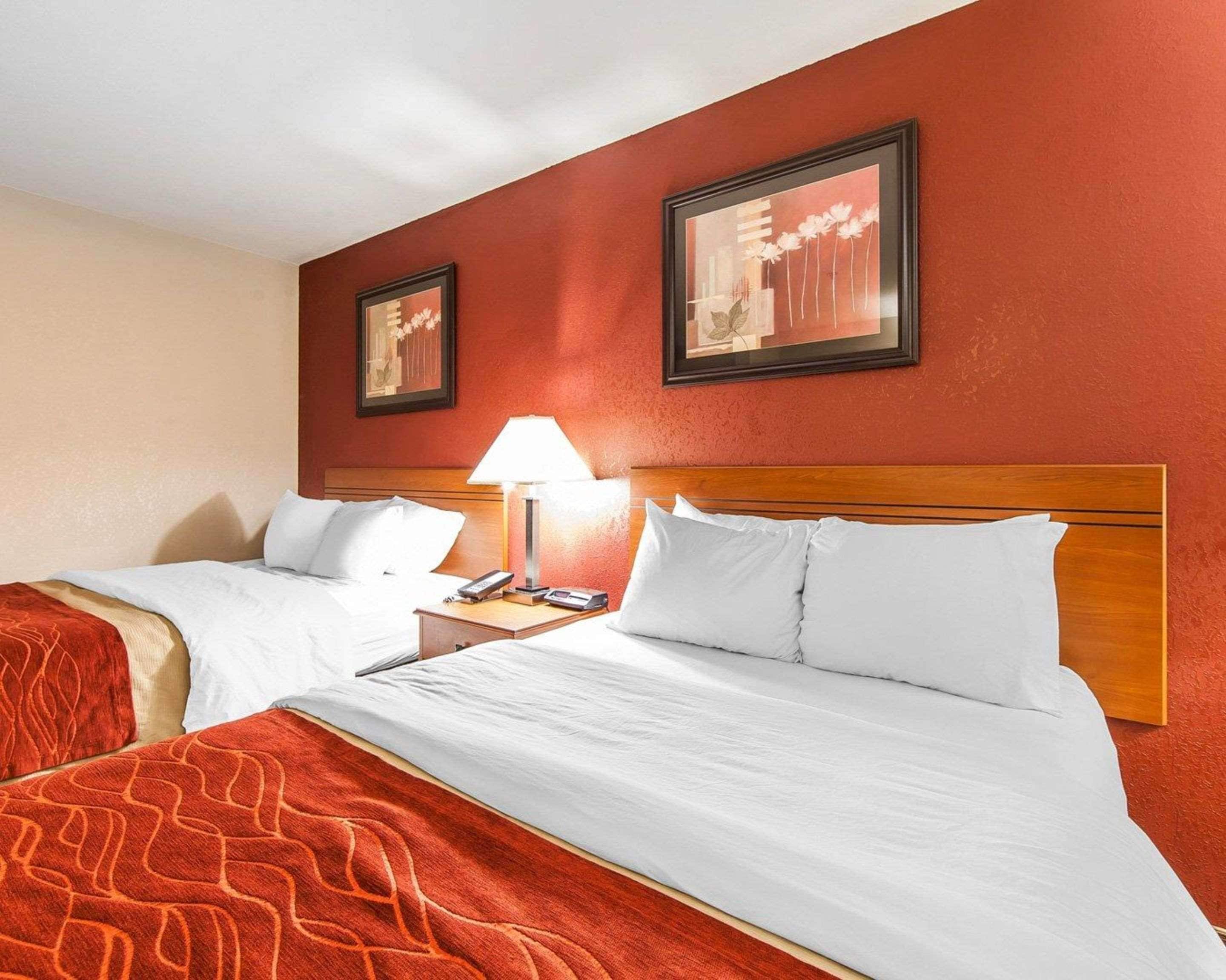 A hotel room with two beds, a wooden headboard, a nightstand with a lamp, and two framed pictures on the wall.