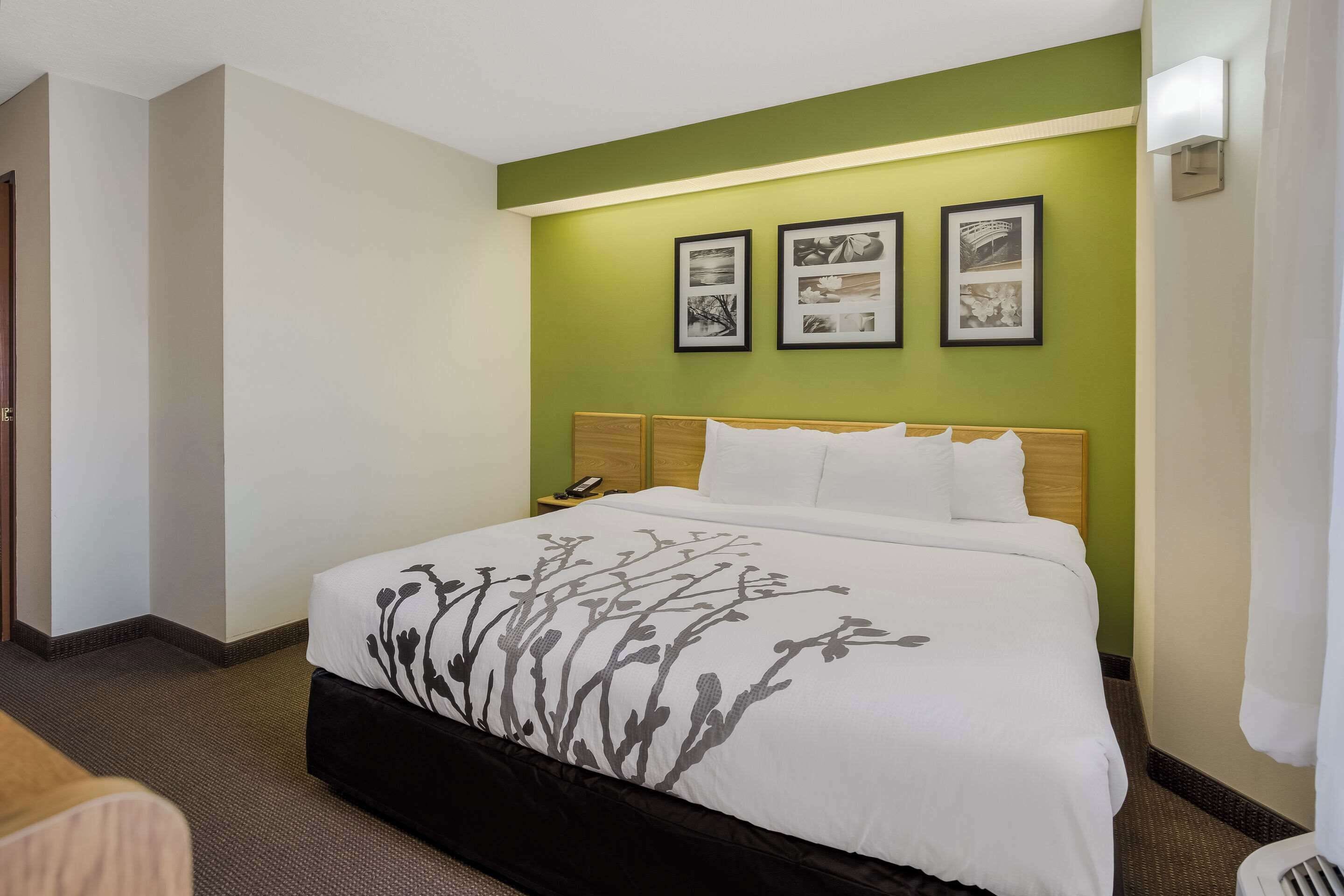 A hotel room with a large bed, green walls, and three framed pictures on the wall.