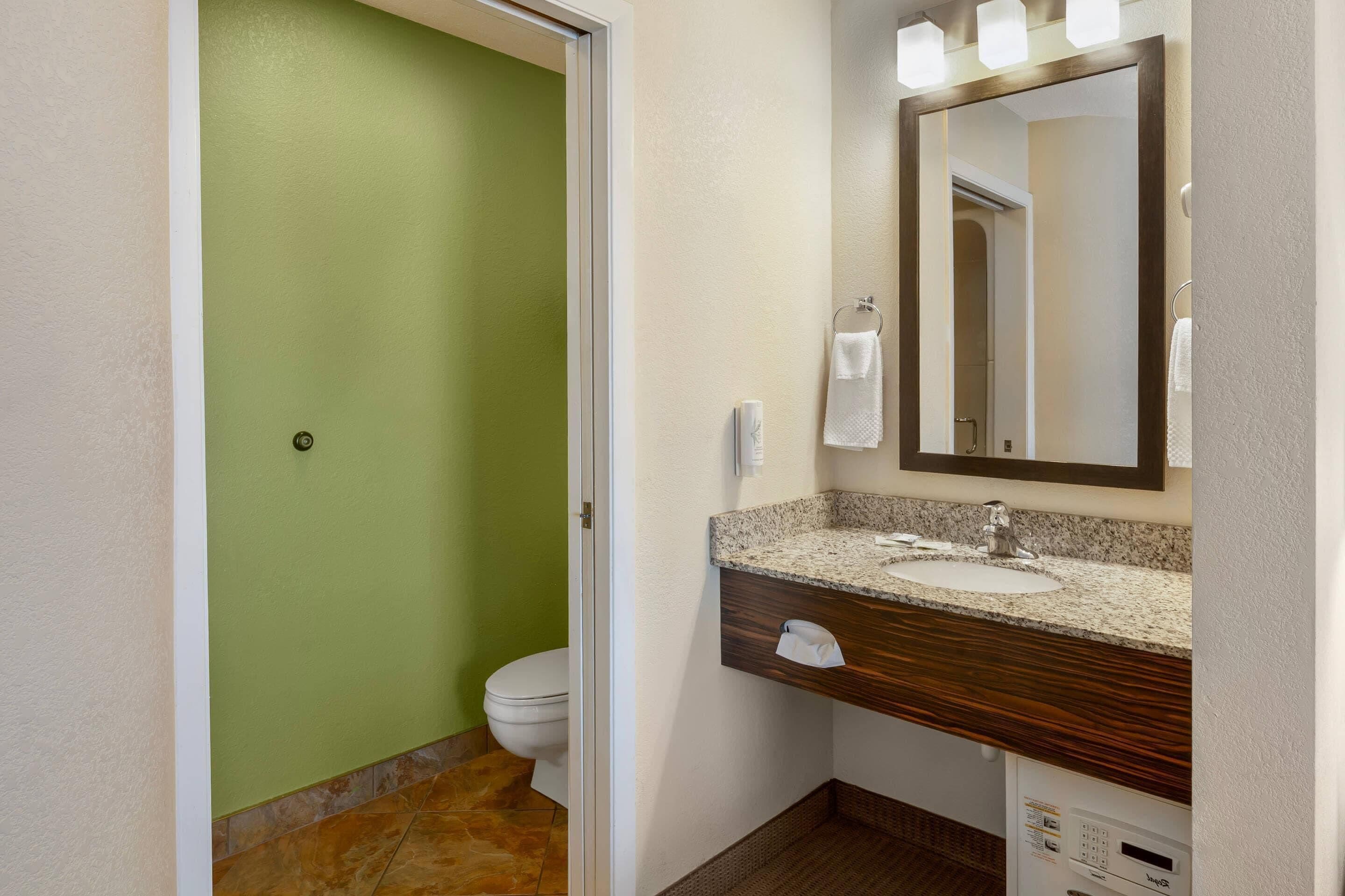 Un baño con una pared verde, un inodoro blanco, un lavabo con encimera de granito y un espejo con luces.