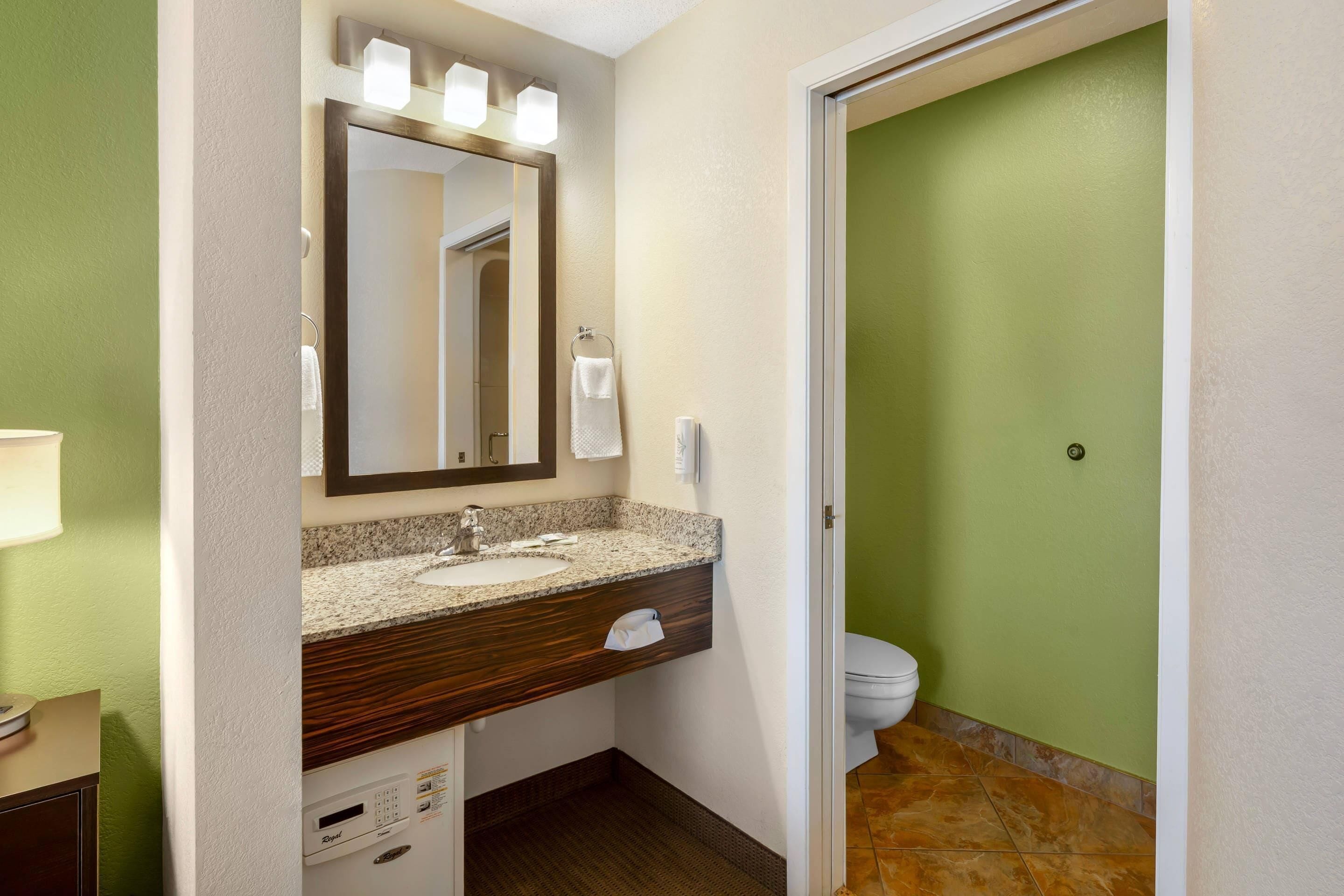 A bathroom with a sink, mirror, and toilet.