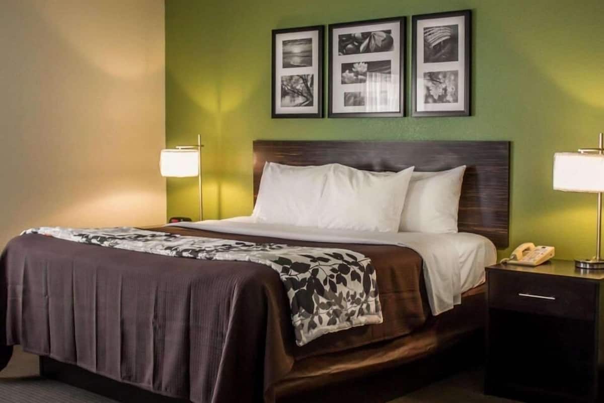 A hotel room with a bed, a nightstand, a lamp, and three framed pictures on the wall.