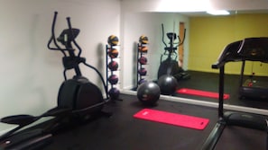 Guests can work out with a variety of equipment, including elliptical machines, a stationary bike, and a treadmill.