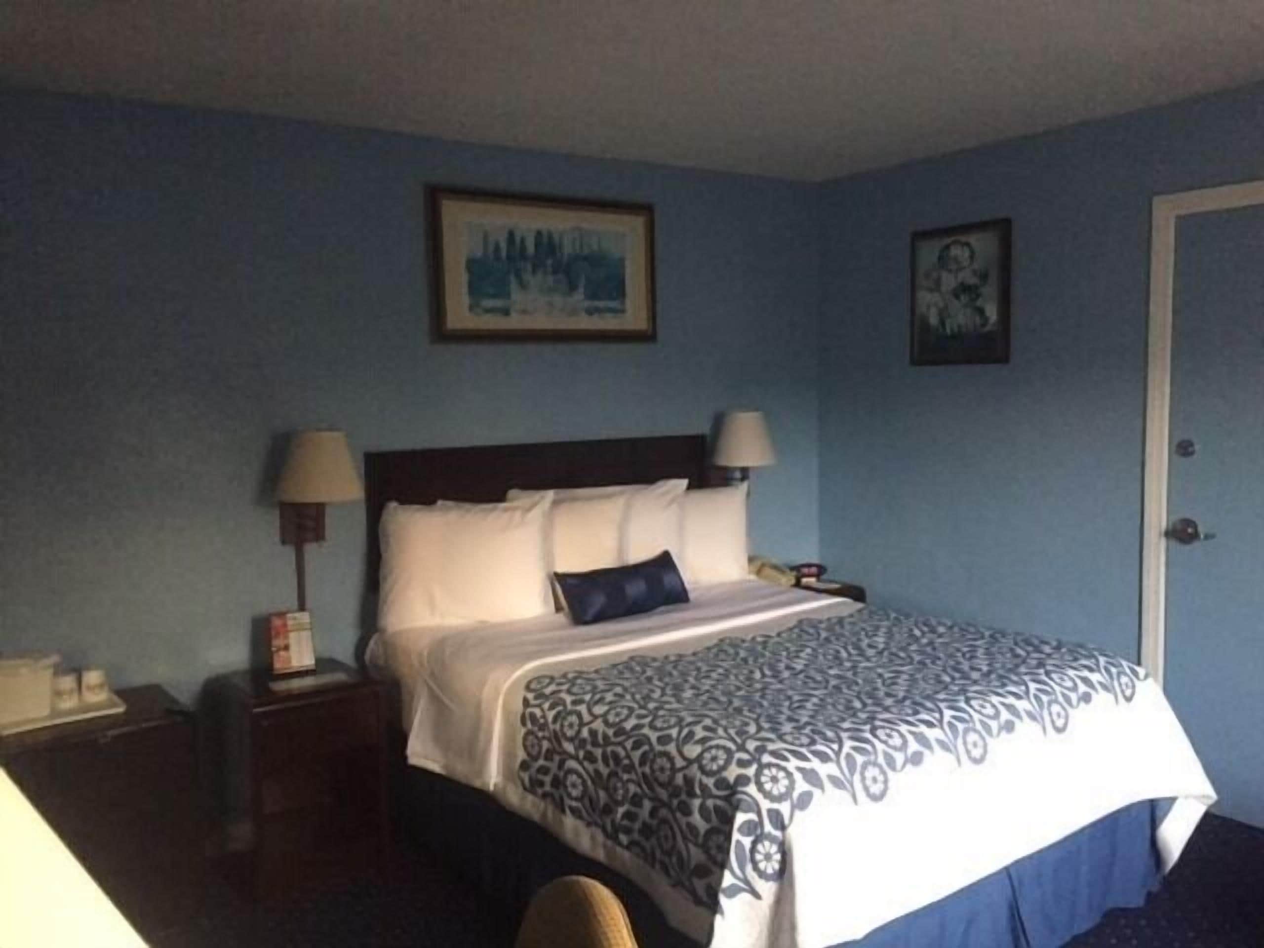 A hotel room with a bed, two bedside lamps, a nightstand, a framed picture on the wall, and a door.