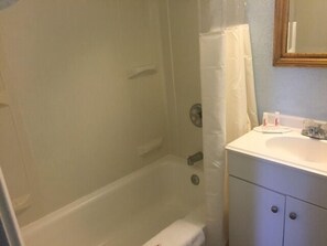 Combined shower/tub, free toiletries, hair dryer, towels