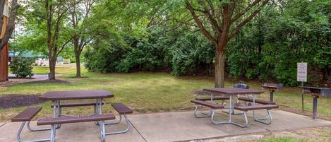 A park with picnic tables and benches, surrounded by trees and greenery.
