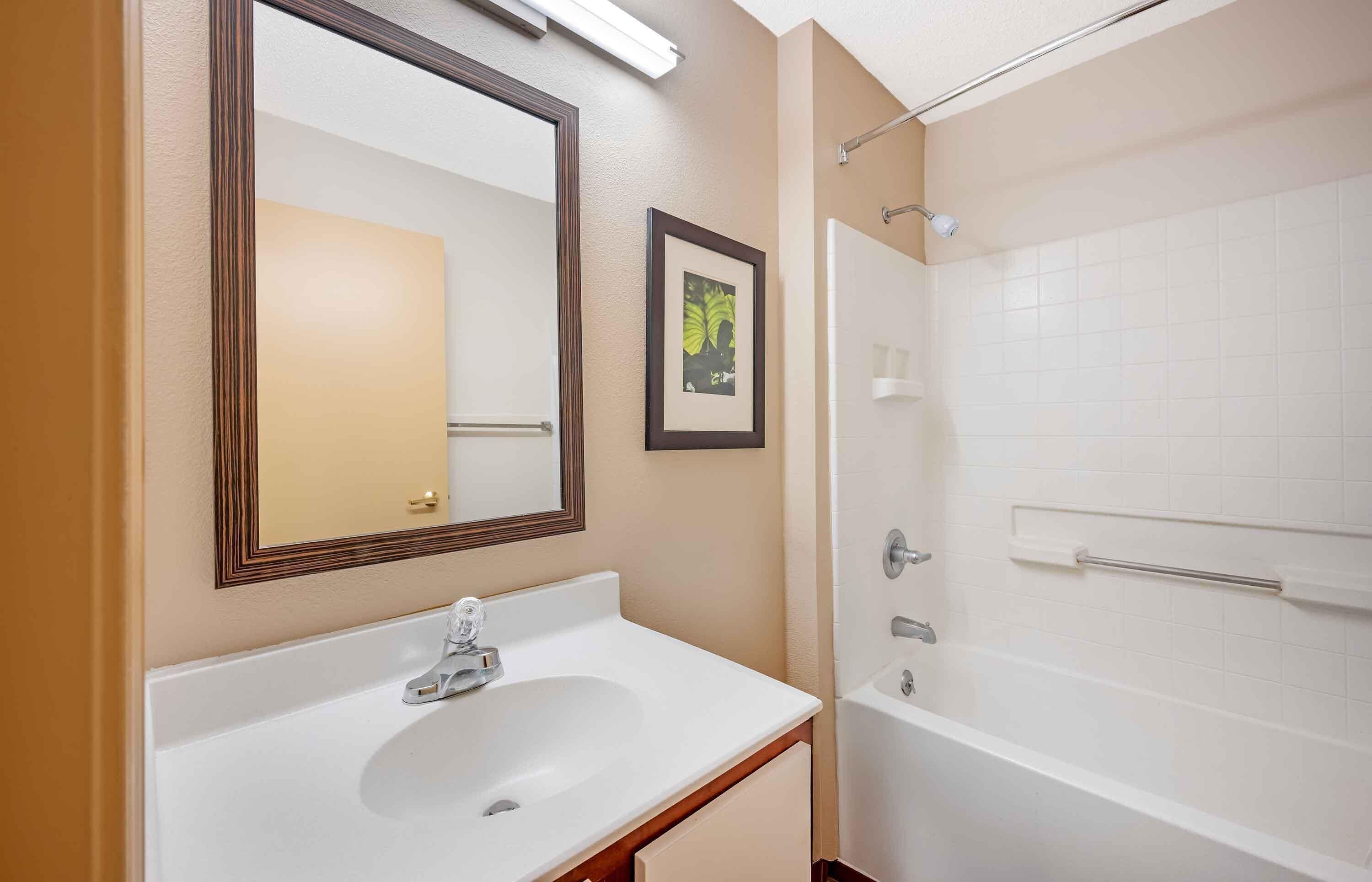 A bathroom with a white sink, a mirror, a framed picture, and a bathtub.
