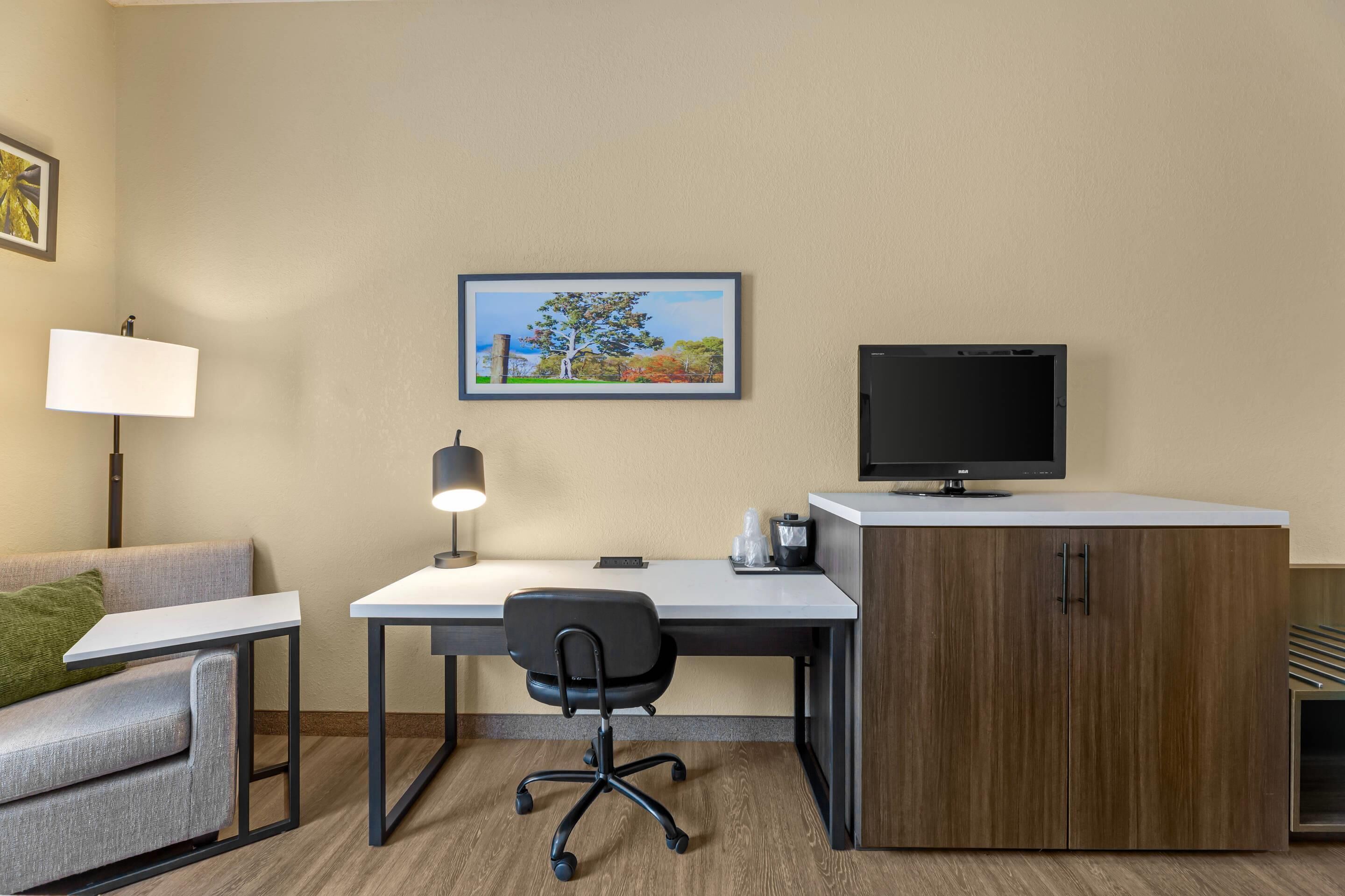 A hotel room with a sofa, desk, chair, TV, and a framed picture on the wall.