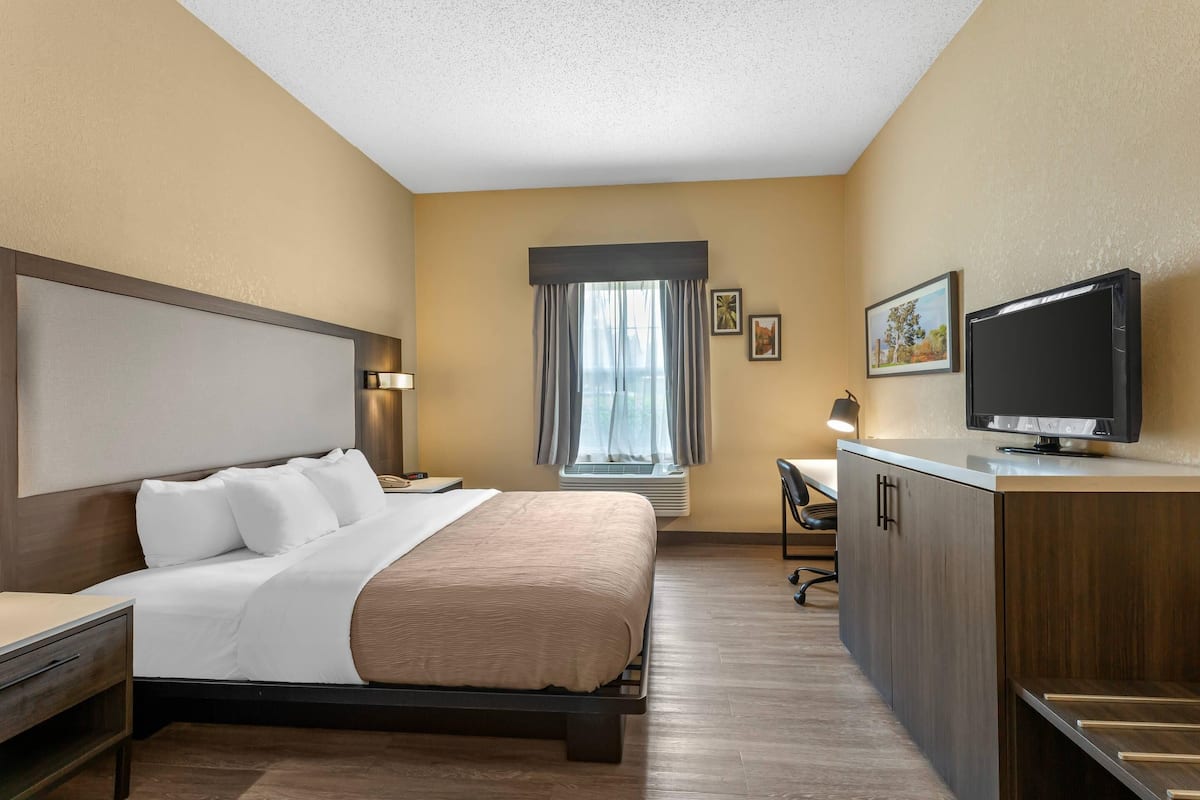 Une chambre d’hôtel équipée d’un lit, d’un bureau, d’une télévision et d’une fenêtre avec des rideaux.
