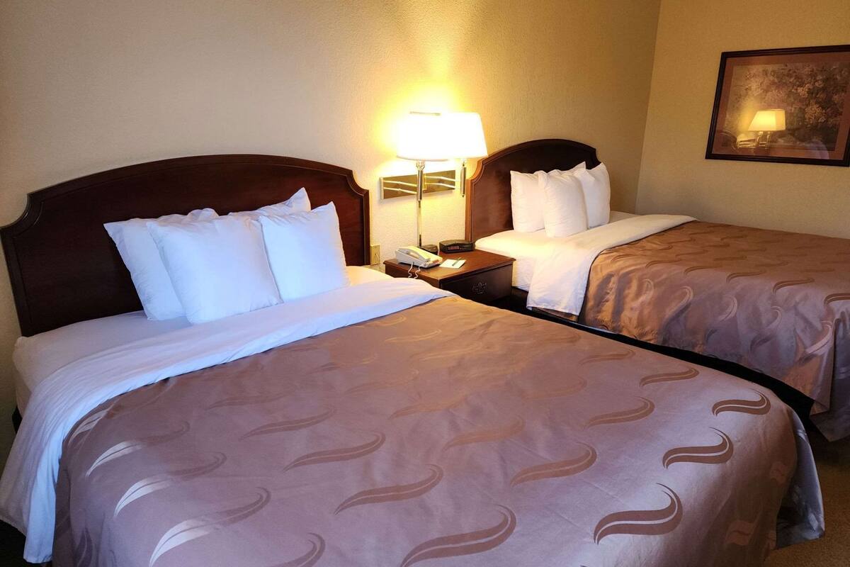 A hotel room with two beds, a nightstand with a lamp, and a framed picture on the wall.