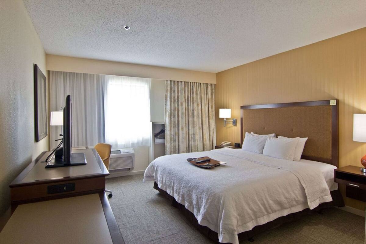 A hotel room with a bed, a desk, a chair, a TV, and a window with curtains.