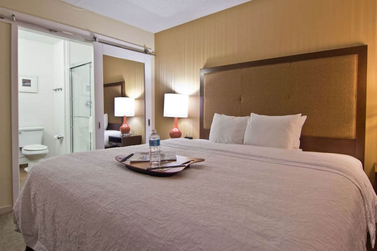 A hotel room with a large bed, a bedside table, a lamp, a glass shower enclosure, and a toilet.