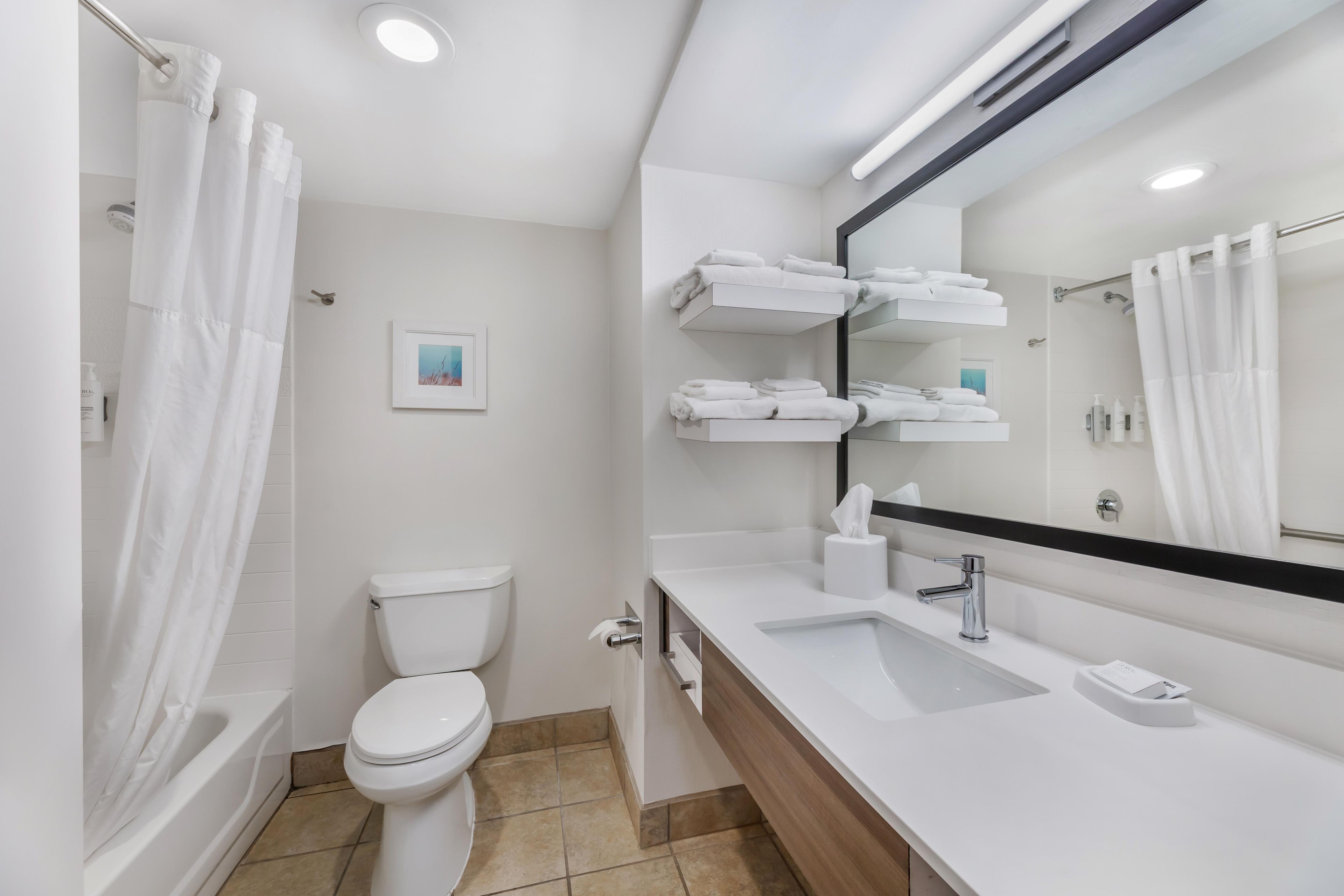 A modern bathroom with a toilet, sink, and mirror.