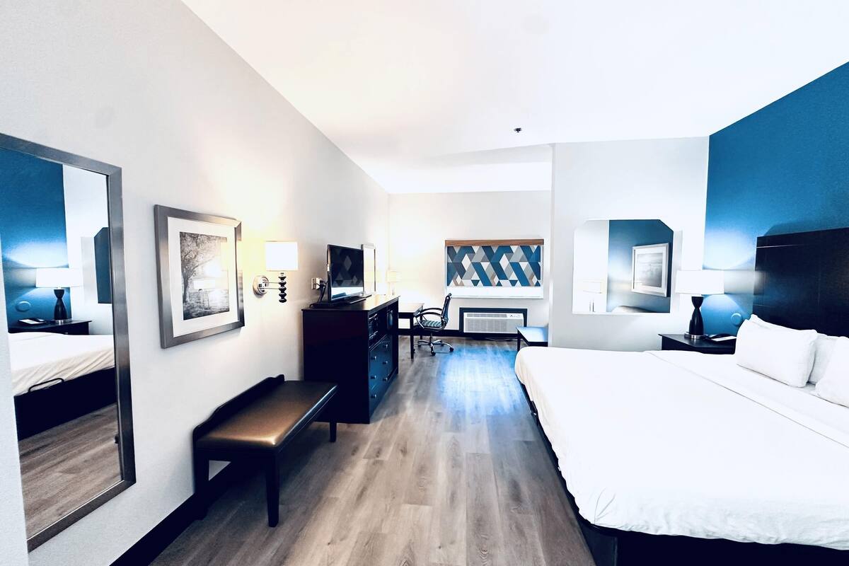 Habitación de hotel con una cama, un escritorio con ordenador, una silla, un banco y un espejo grande.