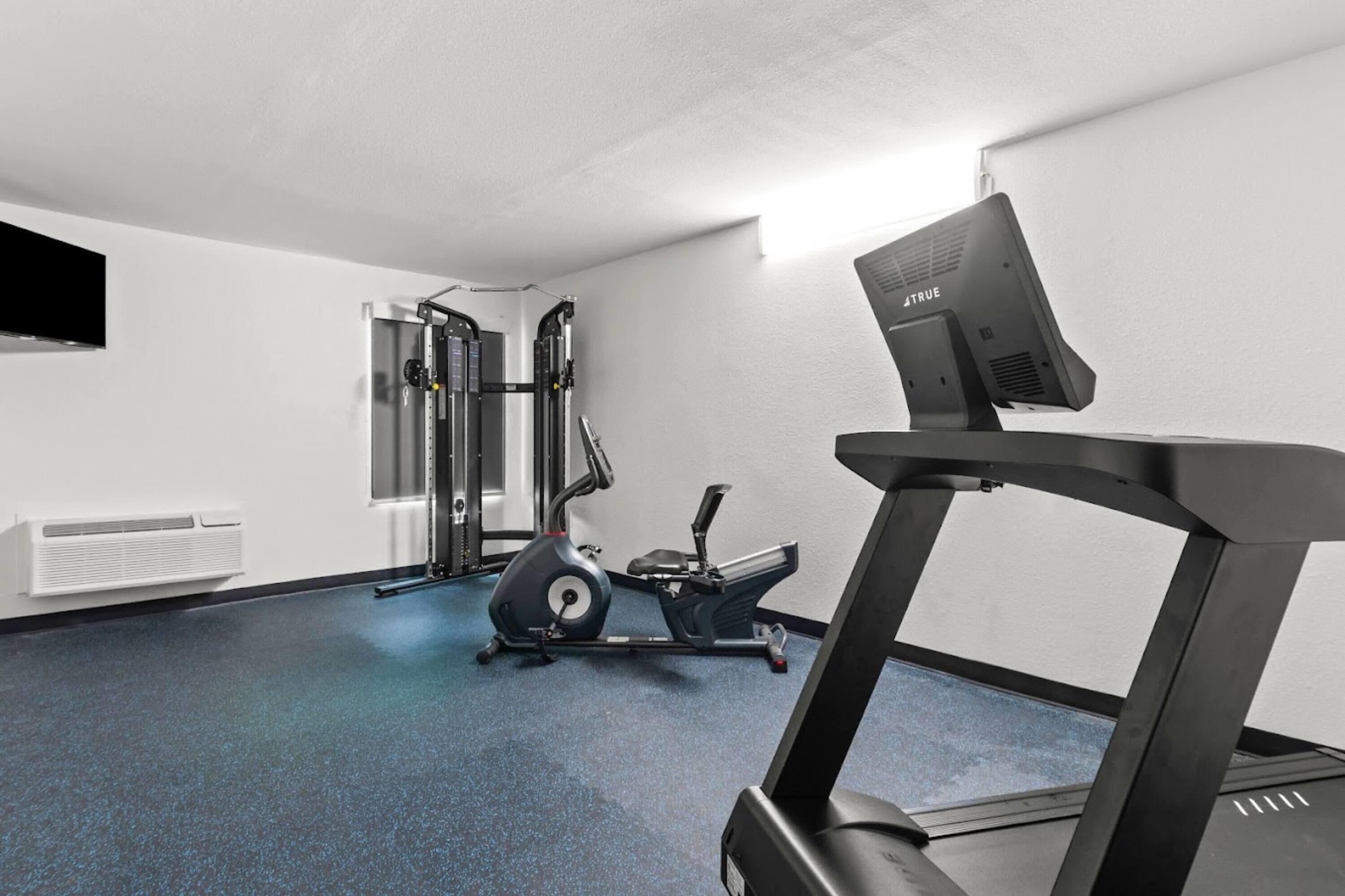 A gym with a treadmill, elliptical, and weight machines.
