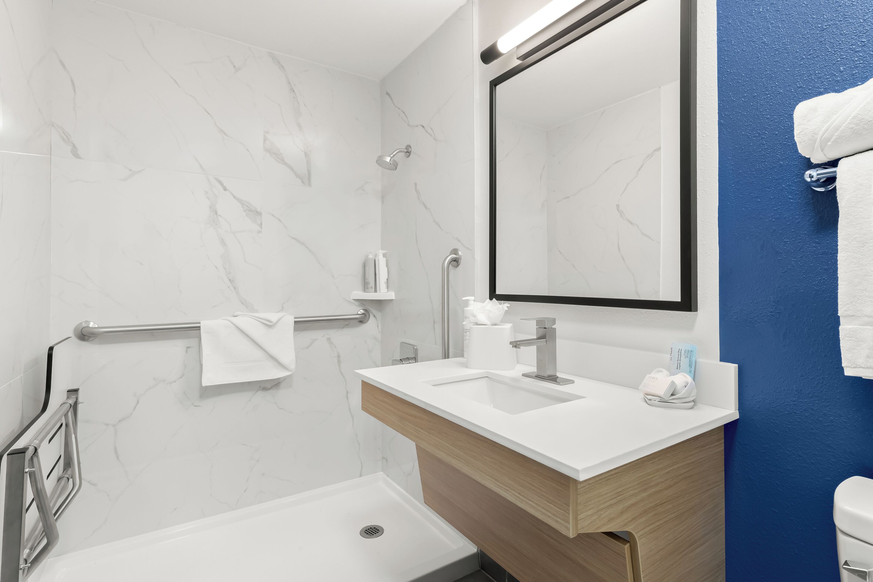 Room, 1 King Bed, Accessible (Mobility, Roll-In Shower) | Bathroom | Hair dryer, towels