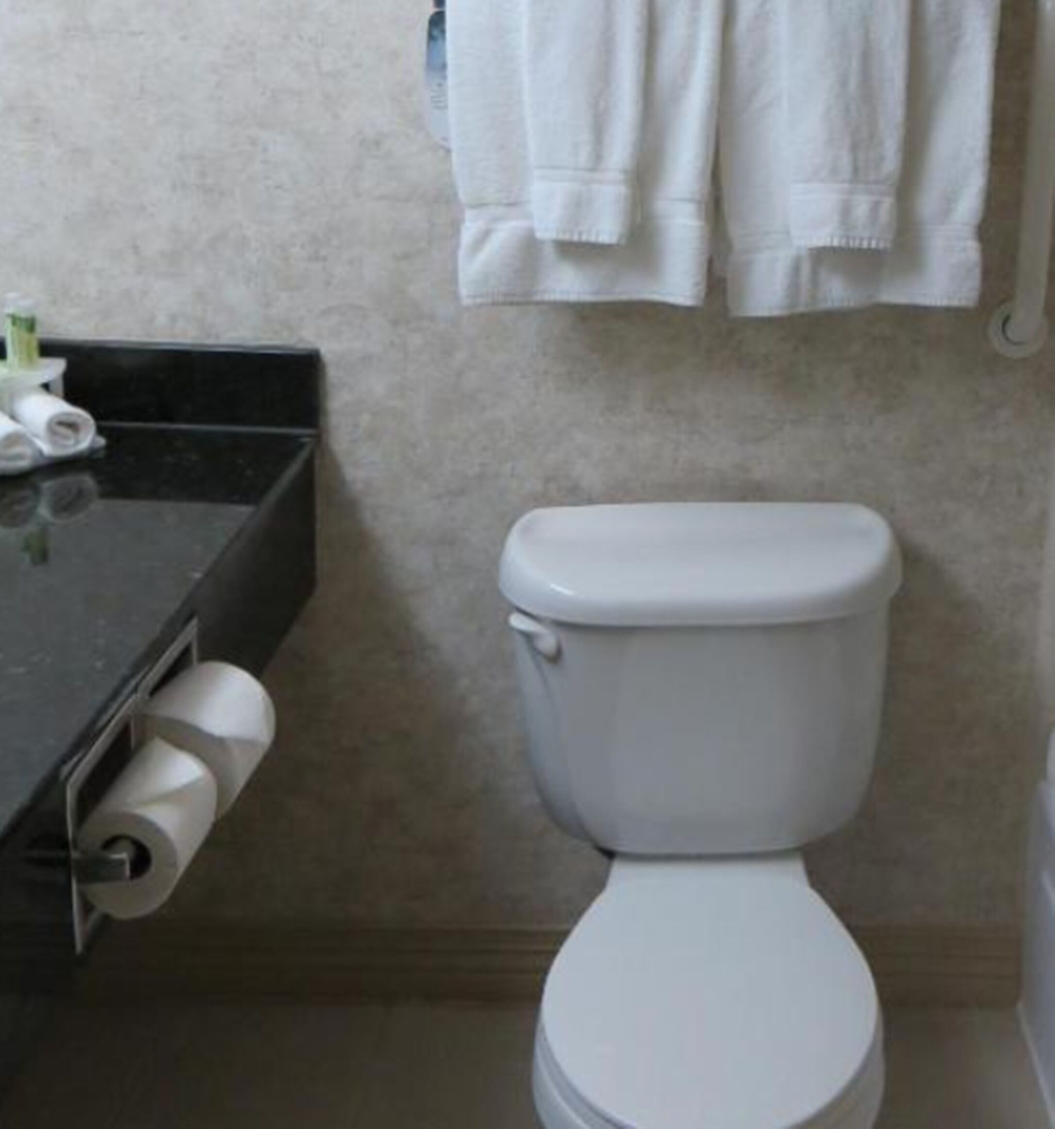 Un bagno con il water, un piano di lavoro nero e un porta asciugamani con due asciugamani.