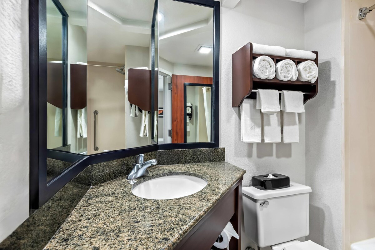 A bathroom with a granite countertop sink, a large mirror, a towel rack with rolled towels, and a toilet.
