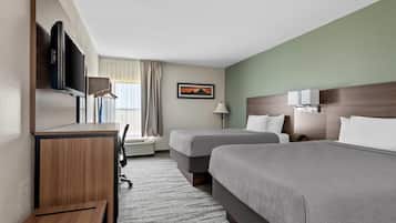 Desk, laptop workspace, blackout curtains, soundproofing