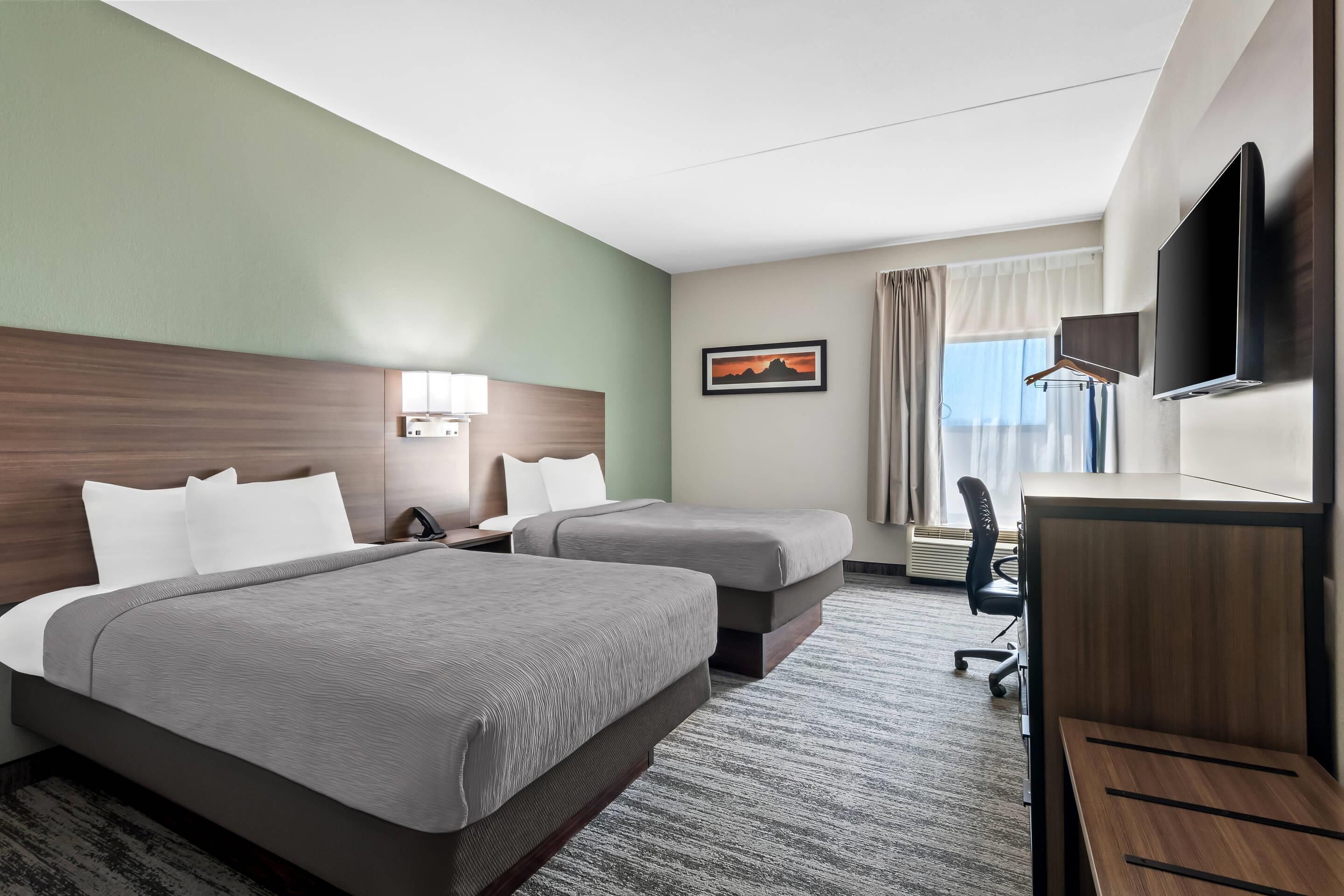 Room, 2 Double Beds, Accessible, Non Smoking | Desk, laptop workspace, blackout drapes, soundproofing