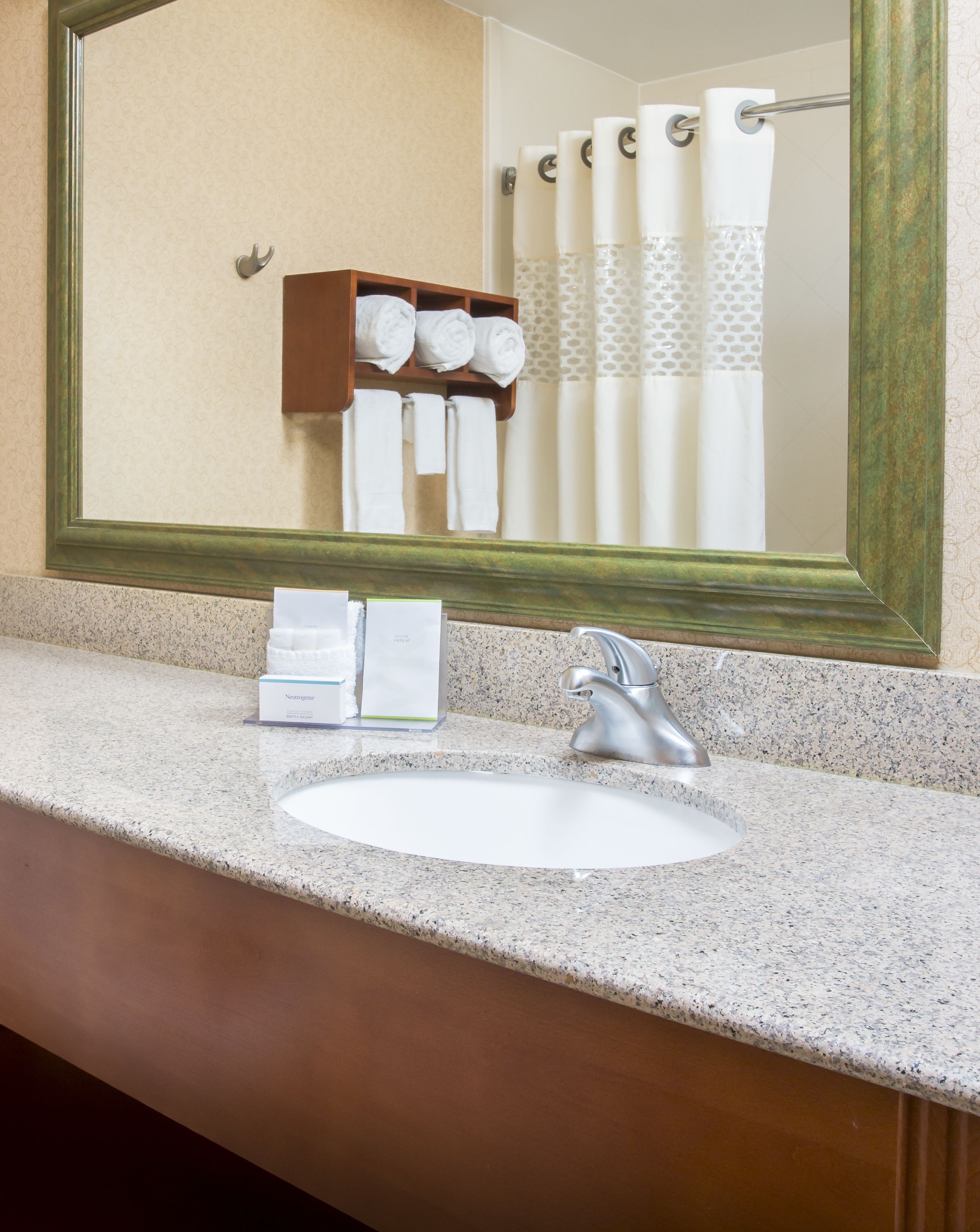 combined shower/bathtub, free toiletries, hair dryer, towels