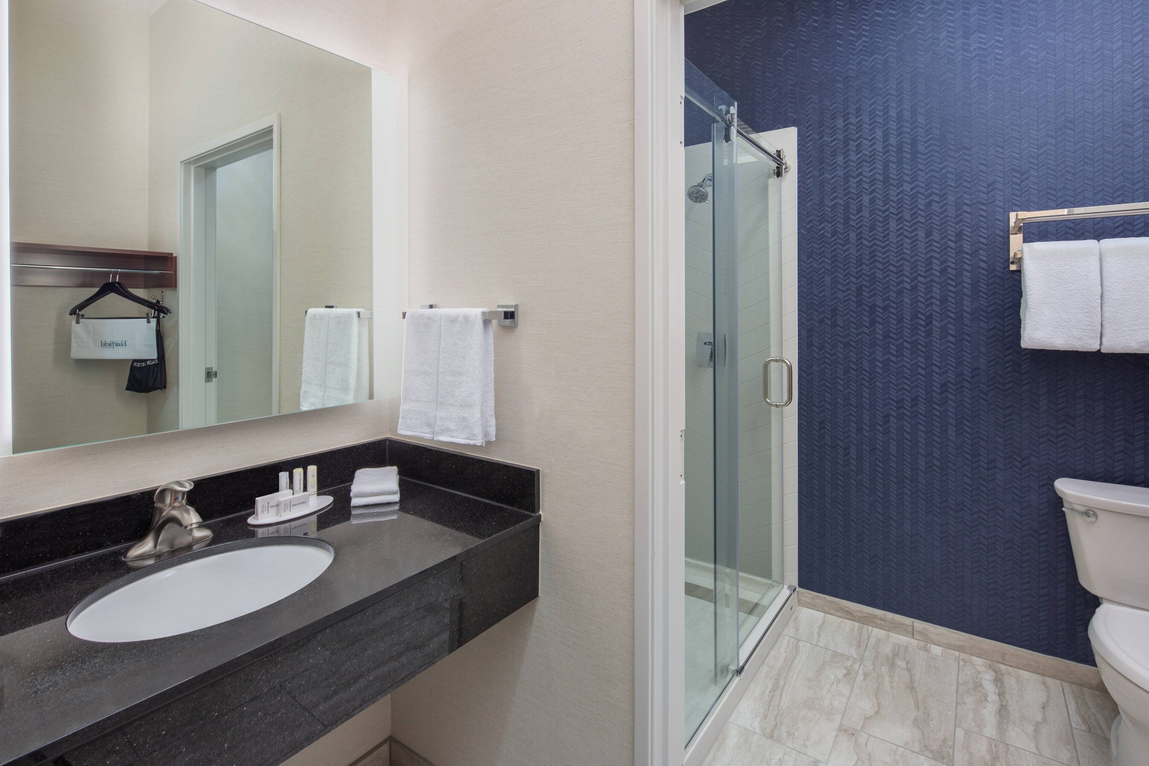 hair dryer, towels, soap, shampoo