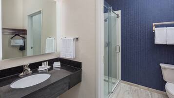 Hair dryer, towels, soap, shampoo